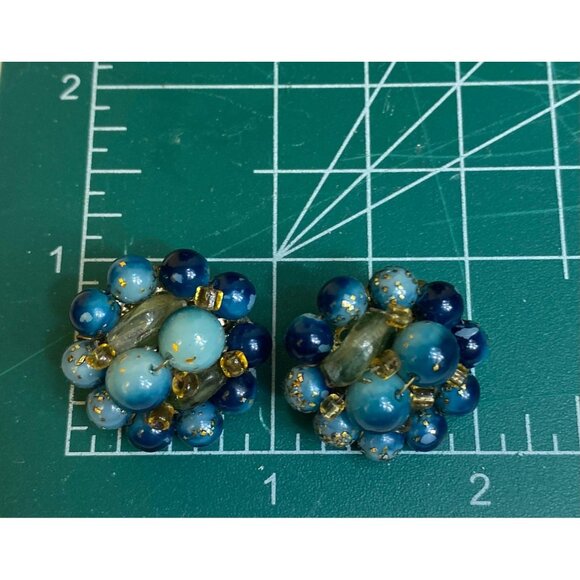 Mid-Century Cluster Earrings - Gold speckled blue-green-teal beads - JAPAN - Picture 4 of 7